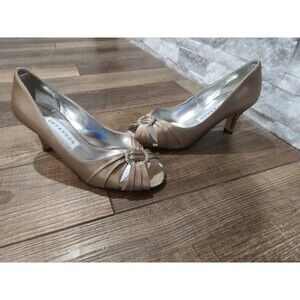 CAPARROS TAN SATIN HEELS PUMPS ETHEL PEEP TOE Shoes rhinestone bling Sz 7.5B
